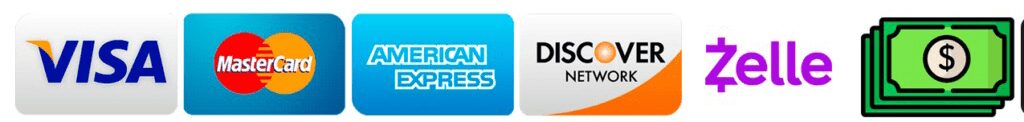 Accepted payments: Visa, MasterCard, AmEx, Discover, Zelle, cash