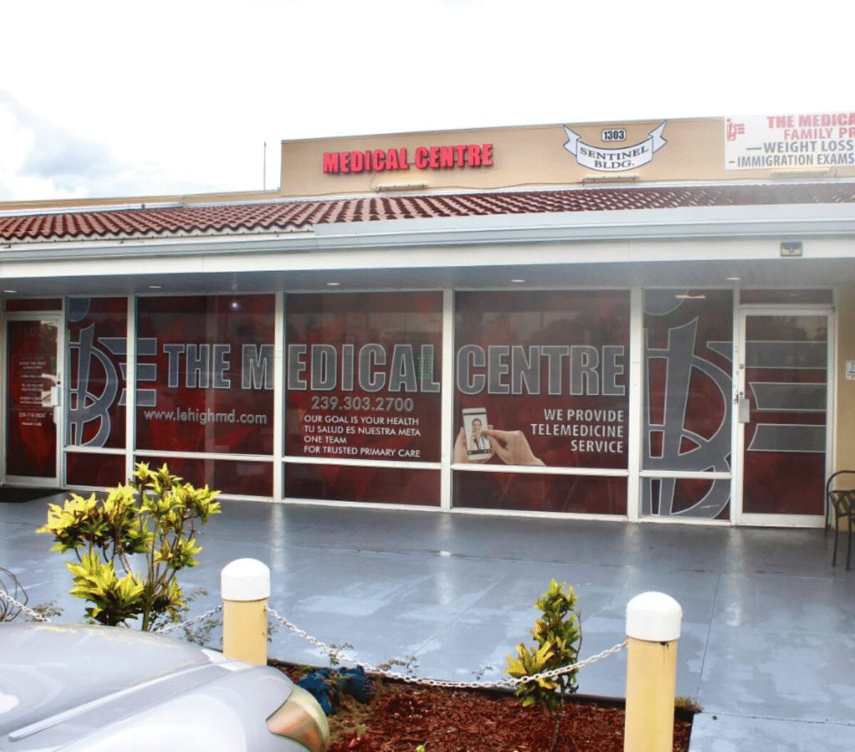Strip mall medical centre storefront with signage